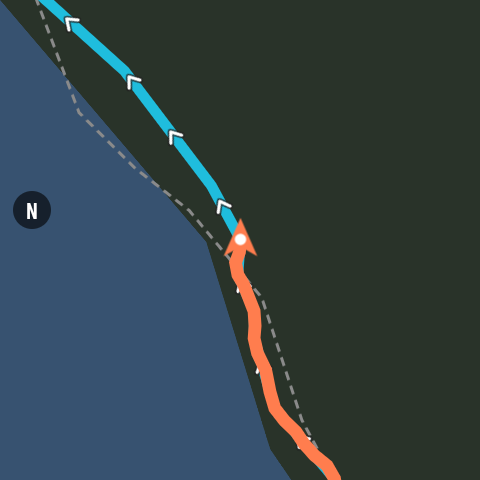 The map on the watch during an activity, next to a reservoir: the route in blue with direction arrows, the part already covered in orange and the arrow marking your position